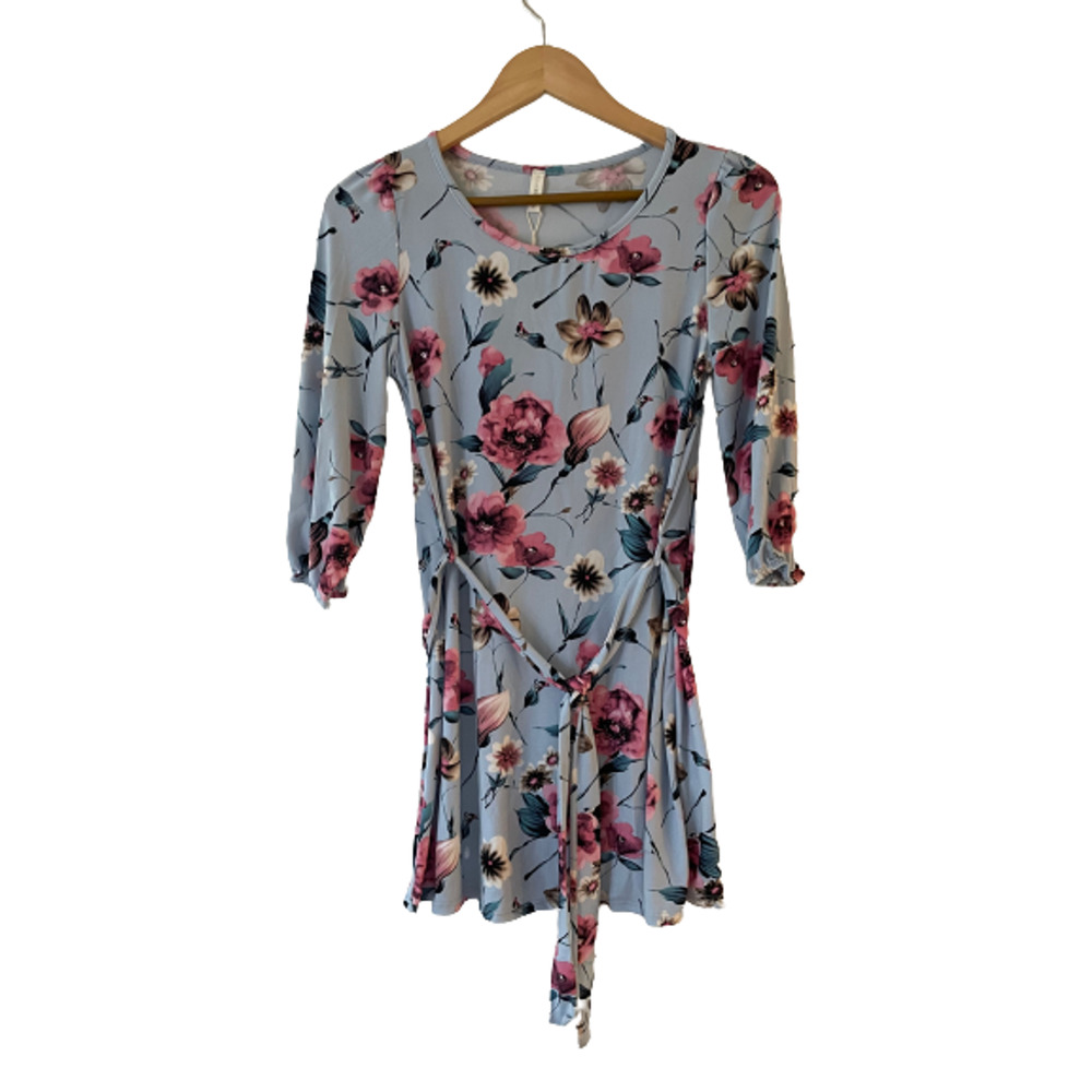 PinkBlush Size S Blue Floral 3/4 Sleeve Maternity Top Sash Tie Made in‎ USA NWT